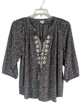 Mason & Belle Teal Floral Peasant Blouse with Tassel Tie Sz.1X